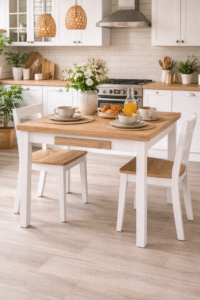 Mesa de cocina extensible Isabel hecha a mano con madera melaminada y anillo blanco GSMESAS