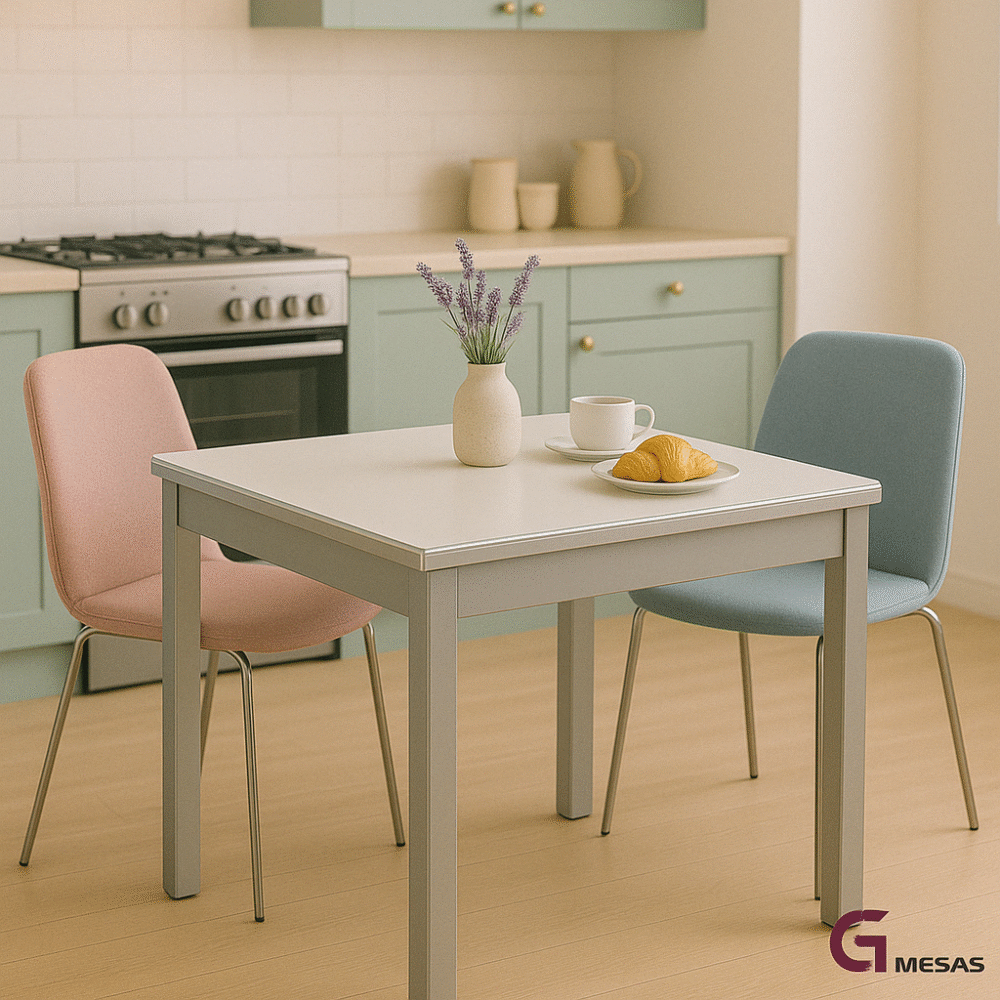 Mesa de cocina extensible Charlotte con tapa en color Blanco Soft y anillo patas plata