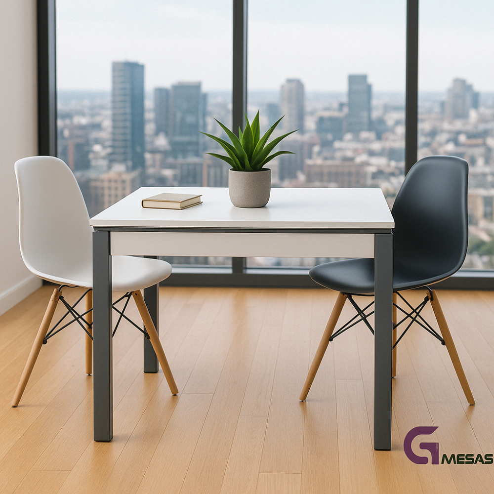 Mesa de cocina extensible Rouse realizada artesanalmente con melamina Blanco soft canto efecto cristal