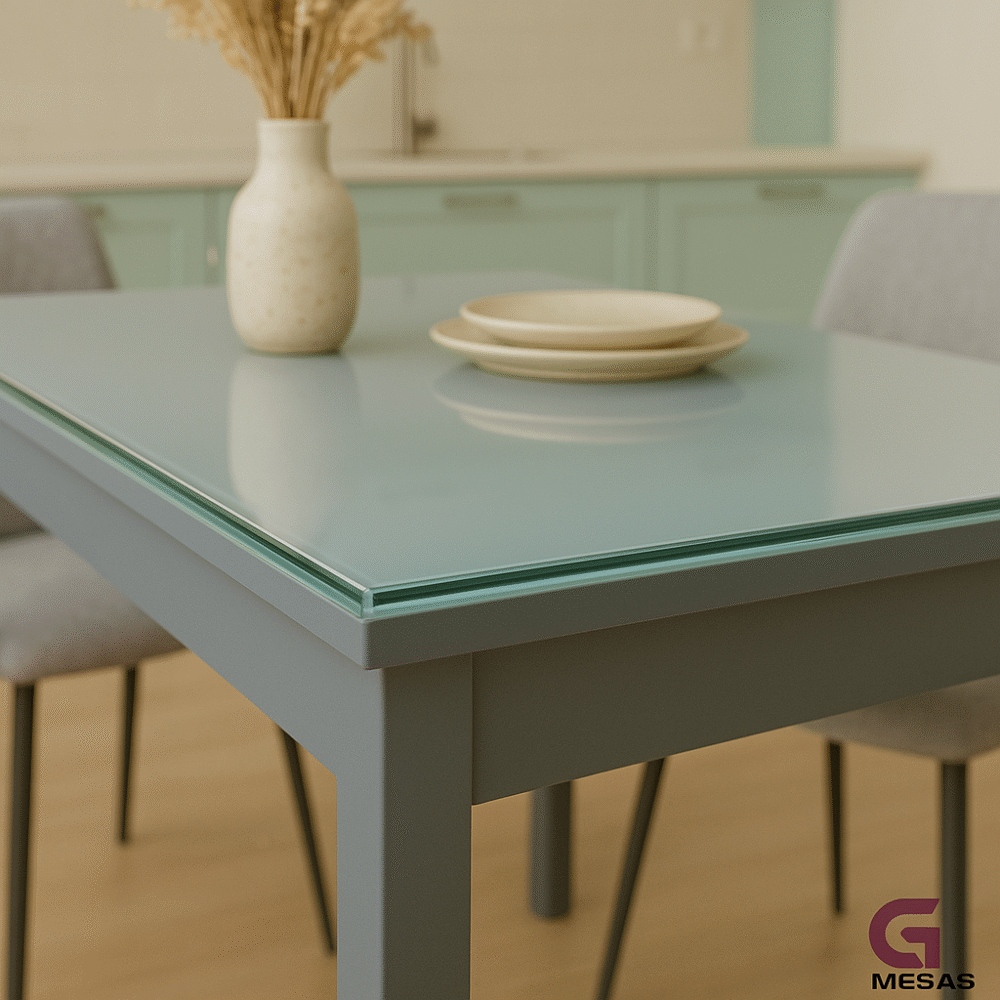 Mesa de cocina extensible Antonella hecha a mano con base de cristal blanco óptico y alas plata - Imagen 5