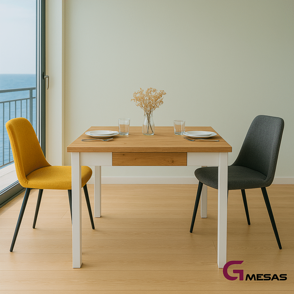 Mesa de cocina extensible Isabel hecha a mano con madera de melamina y anillo blanco
